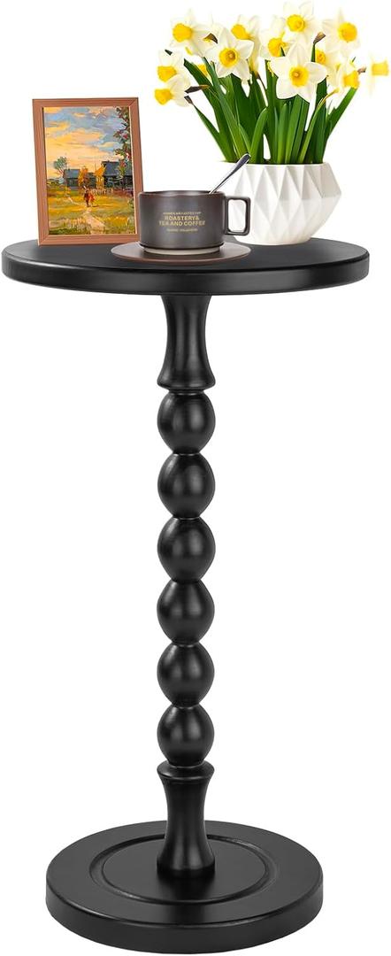 Lampaggio Round Side Table for Small Spaces, Drink Table with Oak Wood Pedestal, Modern End Table Nightstand for Living Room, Bedroom, Office, and Corners, ToolFree Assembly, Black