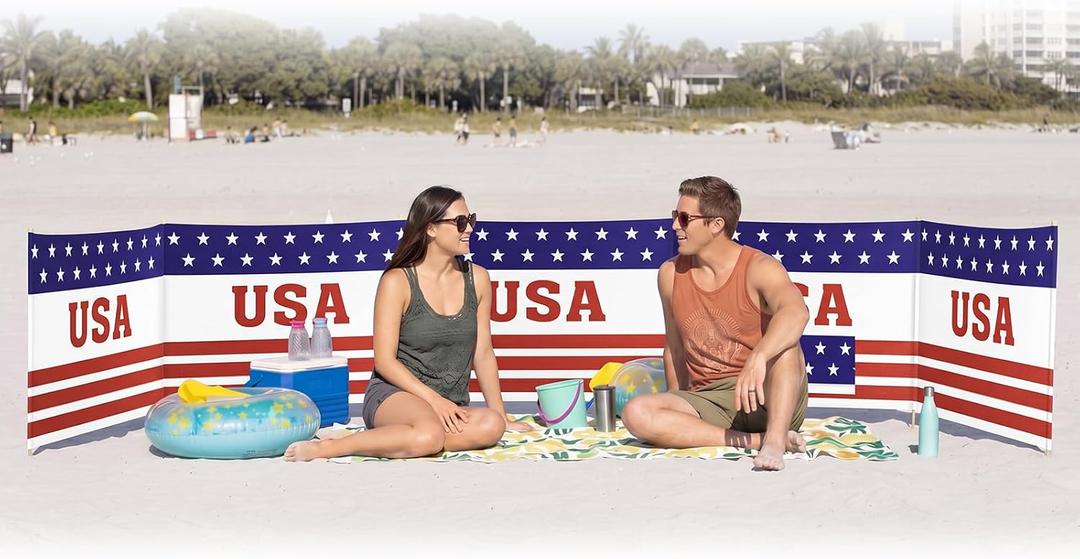 Cinnvoice 20ft USA Beach Windscreen Set Long Patriotic Privacy Screen with 6 Poles, Mallet, Carry Bag Portable Red White Blue Beach Fence Wind Blocker for Outdoor Summer Wind Protection