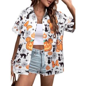 Womens Halloween Hawaiian Shirt Cute Pumpkin Spooky Castle Graphic Tee Magical Halloween Short Sleeve Button Up Tops (Small, White)