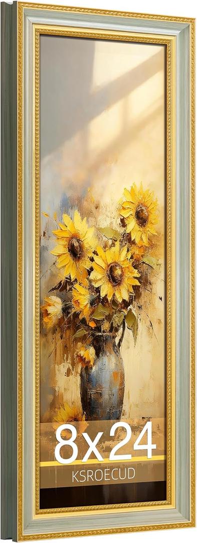8x24 Picture Frame, HD Real Glass Ornate Vintage 8x24 Photo Frame, 8 by 24 Poster Frame with Gold Green Texture Border Horizontal & Vertical Display for Tabletop or Wall Decor (1 Pack)