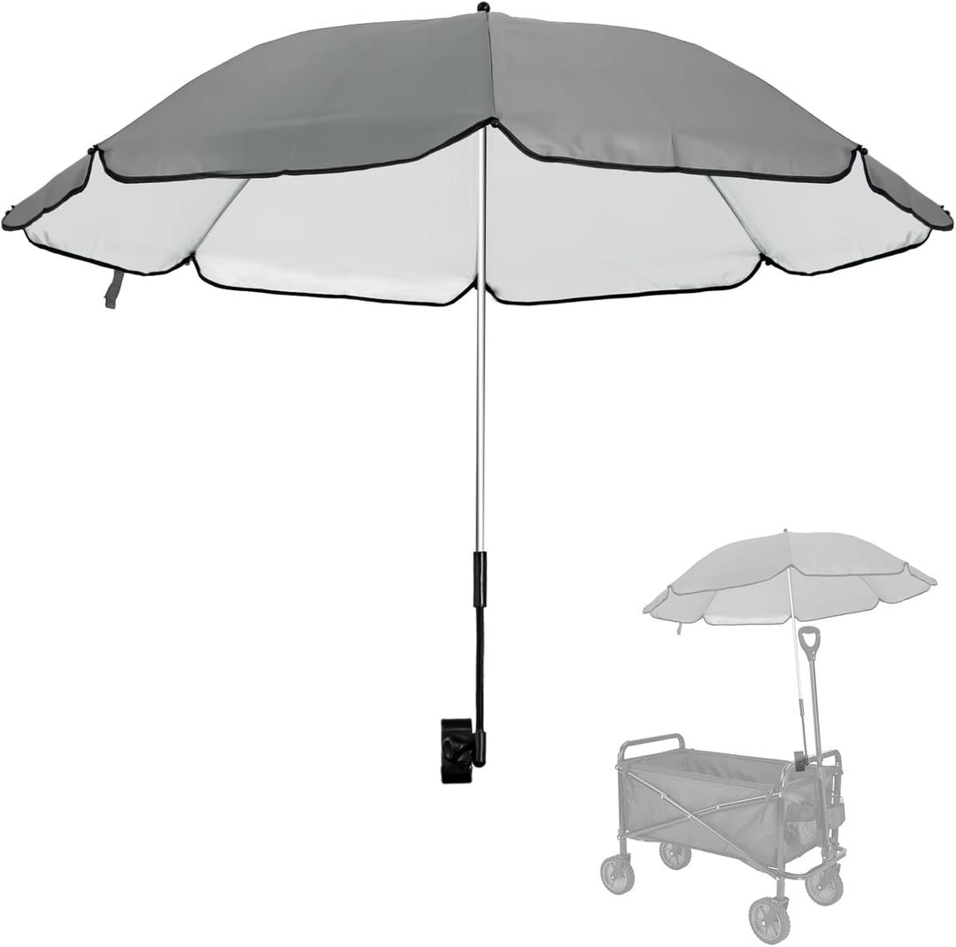 UPF 50+ Wagon Umbrella with Universal Clamp, Adjustable Lounge Wagon Umbrella Attachment, Lightweight for Easy to Carry, Portable Clamp on Camping or Beach Chair, Stroller, Golf cart, Gray