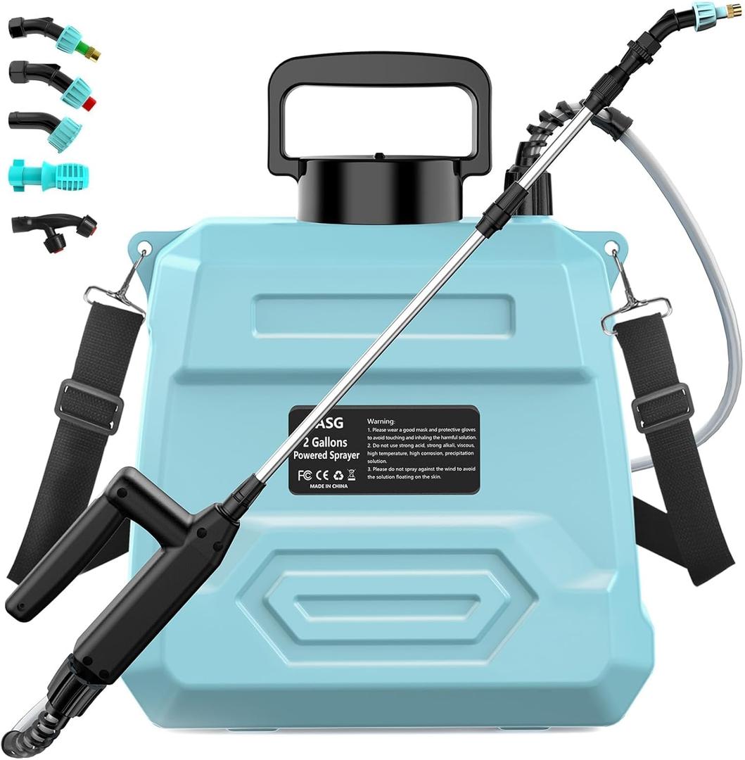 Battery Powered Garden Sprayer 2 Gallon, 7.4V Powerful Electric Backpack Sprayer, Weed Yard Lawn Sprayer with 5 Mist Nozzles & Retractable Wand & Adjustable Strap for Lawn, Garden, Yard (Blue)