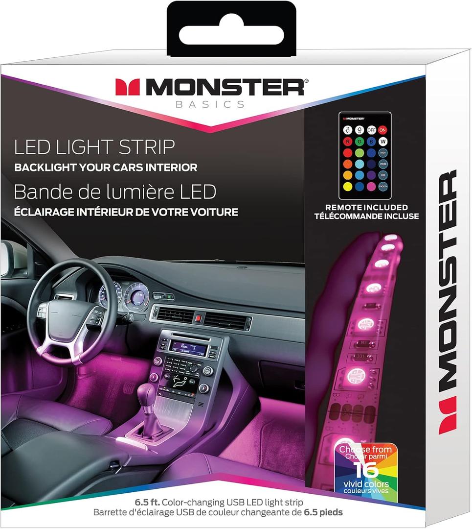 Monster 6.5ft Multicolor LED Light Strip, Create Customizable Color Lighting, Works In Any Space: Kitchen, Behind Device Monitors, Bedrooms, Offices, Car Interior, Flash Modes, 6ft USB Cable Included 