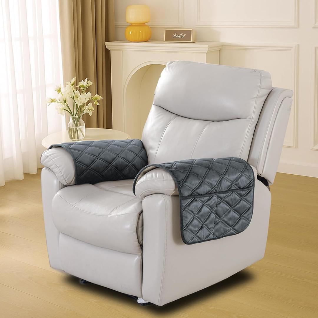 NeColorLife Velvet Recliner Chair Arm Cover, Chair Armrest Covers, Non-Slip Washable Couch Sofa Chair Arm Protector with Pocket (Dark Gray, Set of 2)