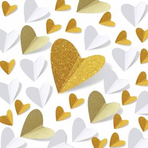 200 Pcs Heart Wall Decoration 3D Heart Stickers Glitter Paper Wall Decal for Office Bedroom Bathroom Wedding Anniversary Home Decor 4 Different Sizes(Gold and White)