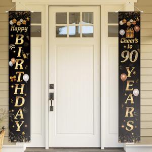 Happy Birthday Cheers to 90 Years Black Gold Yard Sign Door Banner 90th Birthday Decorations Party Supplies