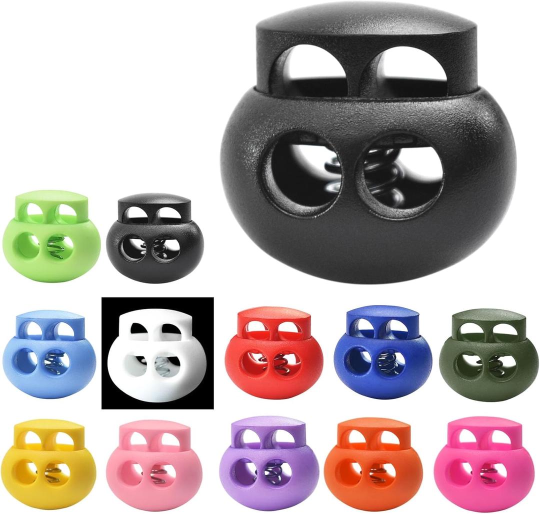 30pcs Assorted Colors Plastic Spring Cord Lock for Drawstring Replacement, Elastic Shoeslace Locks Toggles Stopper Gloves Sweatpant String Paracord Lock Shoe Lace Tie Locks Double Hole Fastener Slider