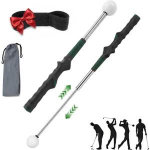 Retractable Golf Swing Trainer Aid with Grip Arm Band for Right -Handed Golfers, Grip Tempo Trainer, Click Feedback, Arm Correction Training Aid for Indoor Outdoor, Golf Practice Stick for Men
