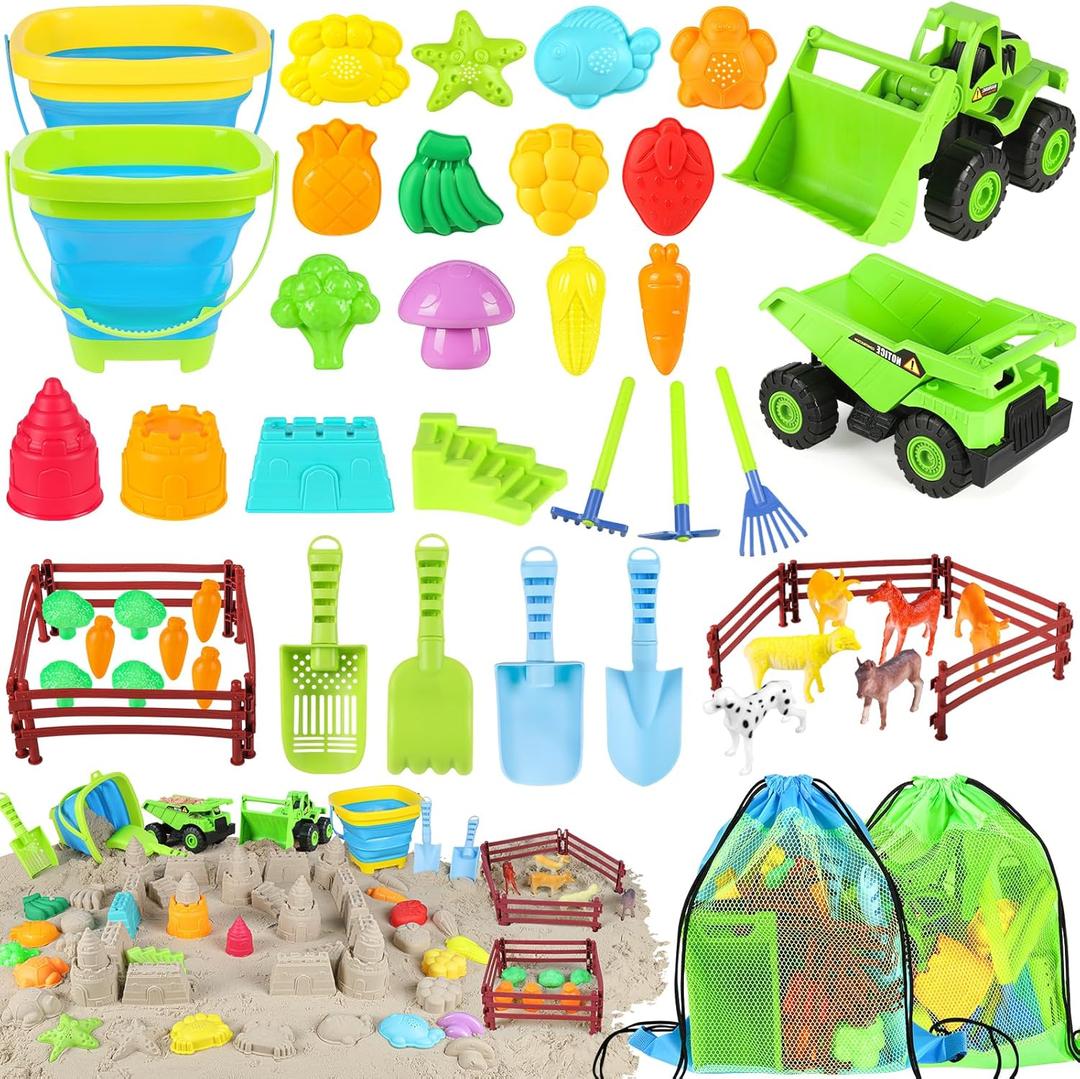 Beach Toys, Farm Theme Sand Toys for Kids Boys and Girls with 2 Truck, 2 CollapsibleBucket, Sand Castle Building Kit, Molds, Mesh Bag, Farm Animals, Tools, Indoor Outdoor Toys for Kids Ages 3-10