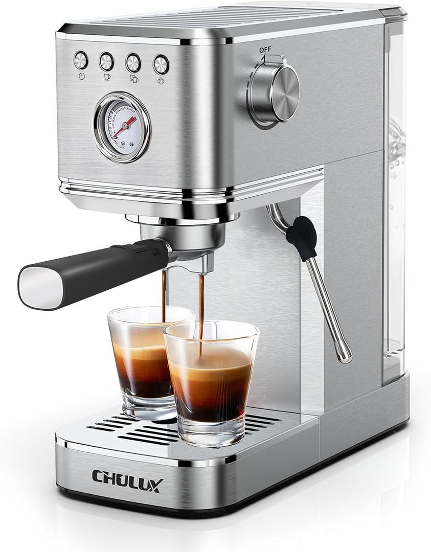CHULUX Kom-Pro Espresso Machine 20 Bar, Semi Automatic Stainless Steel Coffee Machine for Home Latte Cappuccino Espresso Maker, Powerful Milk Frother Steam Wand (Stainless Steel)