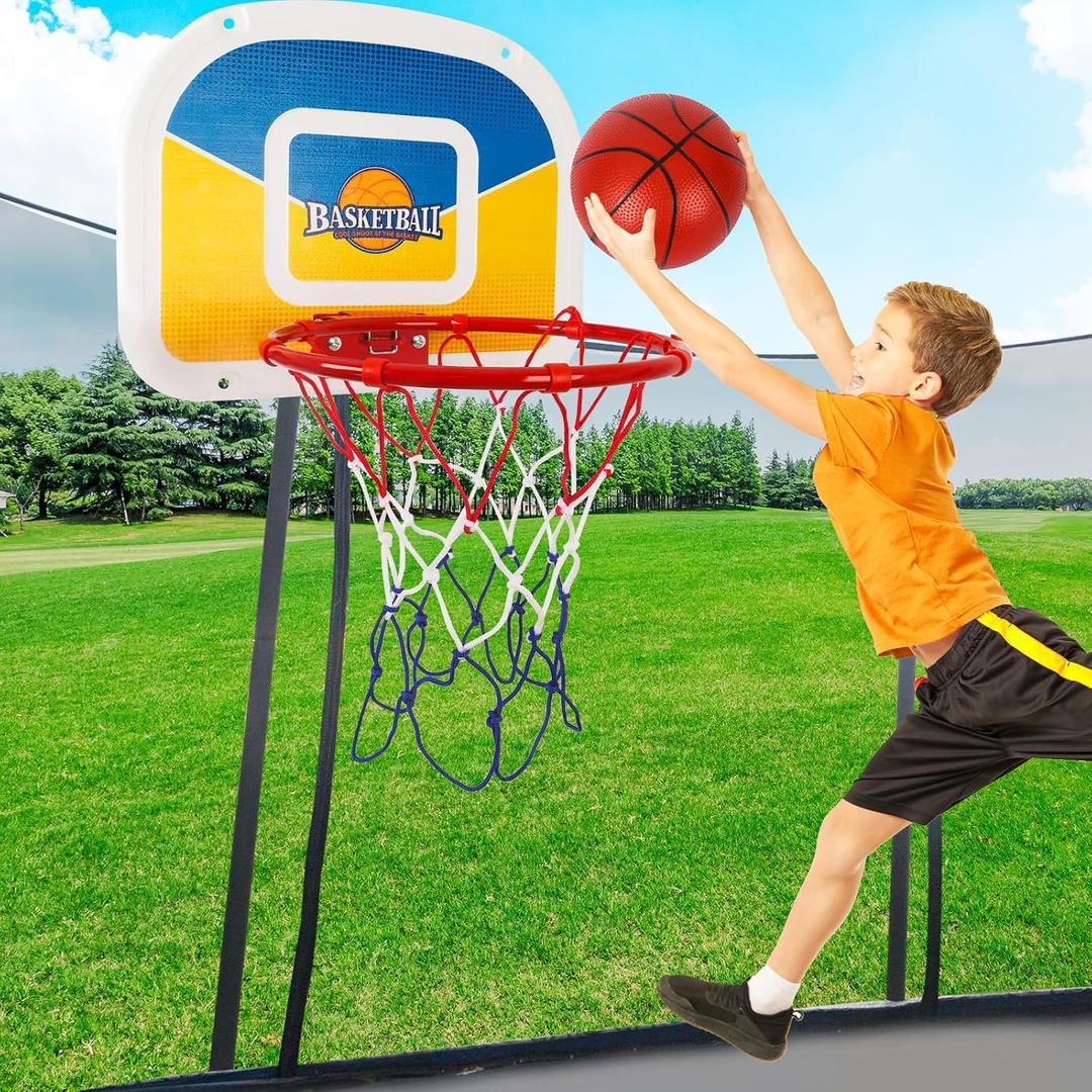 Trampoline Parts Trampoline Basketball Hoop, Teenager Basketball Hoop for Trampoline with Pump and 2 Mini Ball, Fit for Straight Pole (Blue Yellow 17inch)