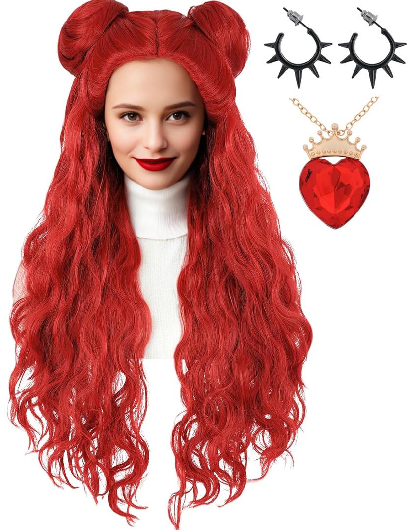 Womens Red Costume Wig with Buns Necklace Earrings Long Red Wavy Hair Wigs for Adults Halloween Cosplay (Adults)