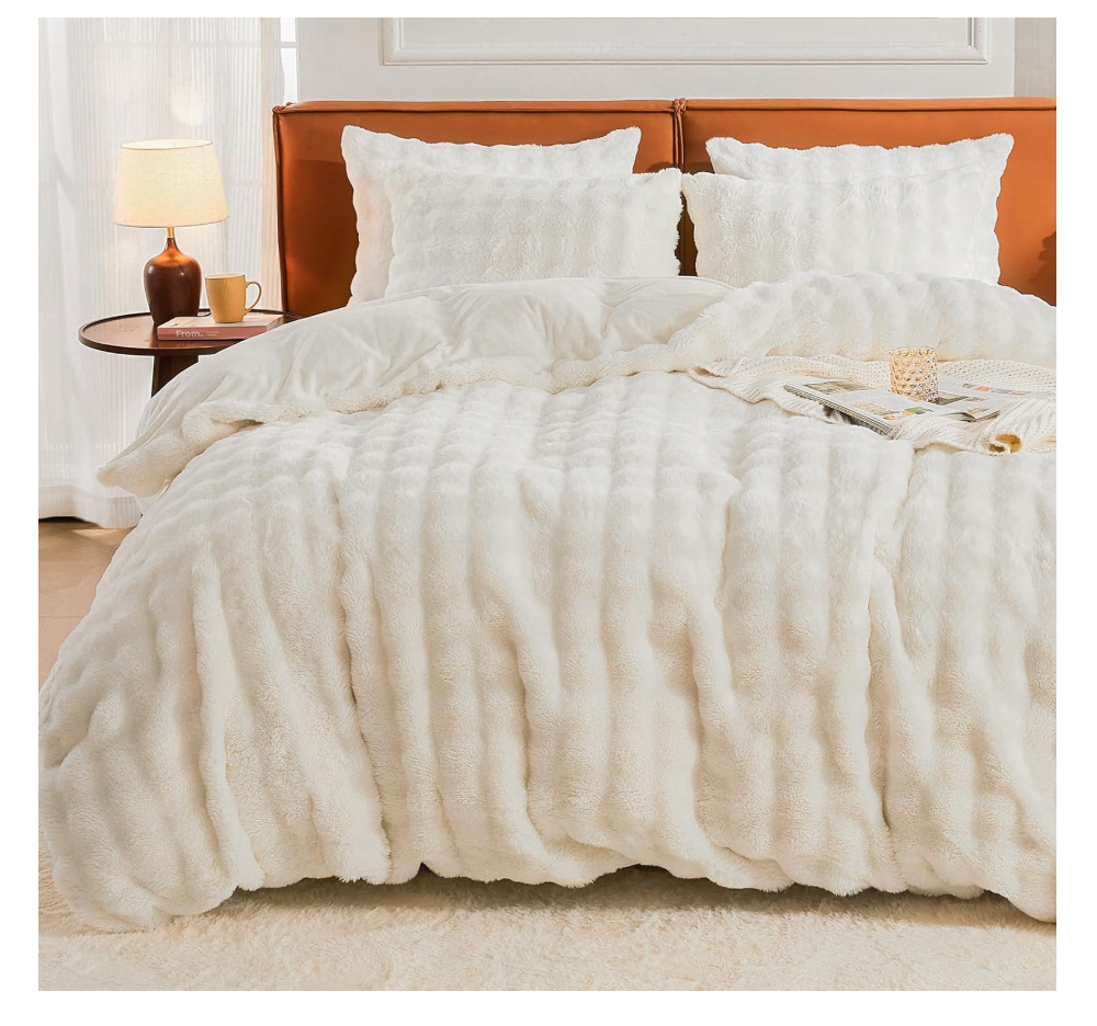 EMME Faux Fur Duvet Cover Queen Size, 3 Pieces Ultra Soft Fluffy Comforter Cover, Cozy Warm for Winter, Luxury Elegant Shaggy Bubble Design Bedding, 1 Duvet Cover & 2 Pillow Shams (Queen, Cream White)