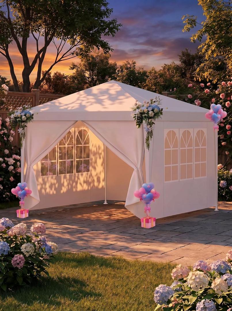 COBIZI 10x10FT Party Tent with 4 Sidewalls, Lightweight Single-Use Canopy, White - [Not Wind-Resistant, Please Consider Carefully]