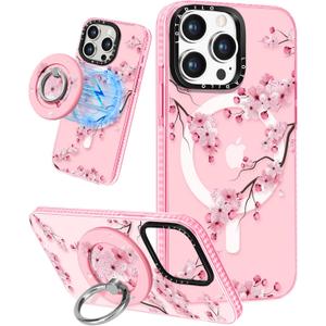 for iPhone 15 Pro Max Case for Women - Cute Kawaii Design Girls Compatible with Magsafe Magnetic Ring Holder Stand Peach Blossom Phone Covers Aesthetic Girly TPU Funda for 15 Pro Max