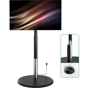 Floor Mobile TV Stand with Power Outlet, Rolling TV Cart for 27-65 Inch OLED LED Monitors, 6 Levels of Height Adjustment, Ambient Lighting on The Bottom Wheels Holds up to 88lbs, 400x400mm (Black)