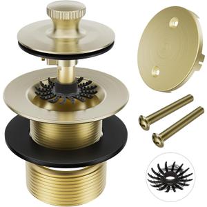 Brushed Gold Tub Drain Stopper Bathtub Drain, Hair Catcher and Two-Hole Overflow Faceplate,11.5/16 UNC Bathtub Drain, Premium Brass Lift and Turn Twist Tub Drains Replacement Trim Kit,Tub Stopper