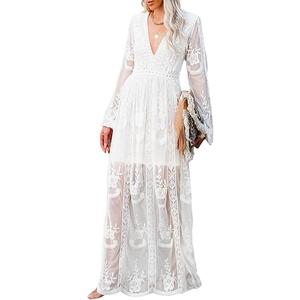 Women's Casual Off Shoulder Lace Maxi Dress Boho White Bridesmaid Wedding Evening Party Dresses, Large