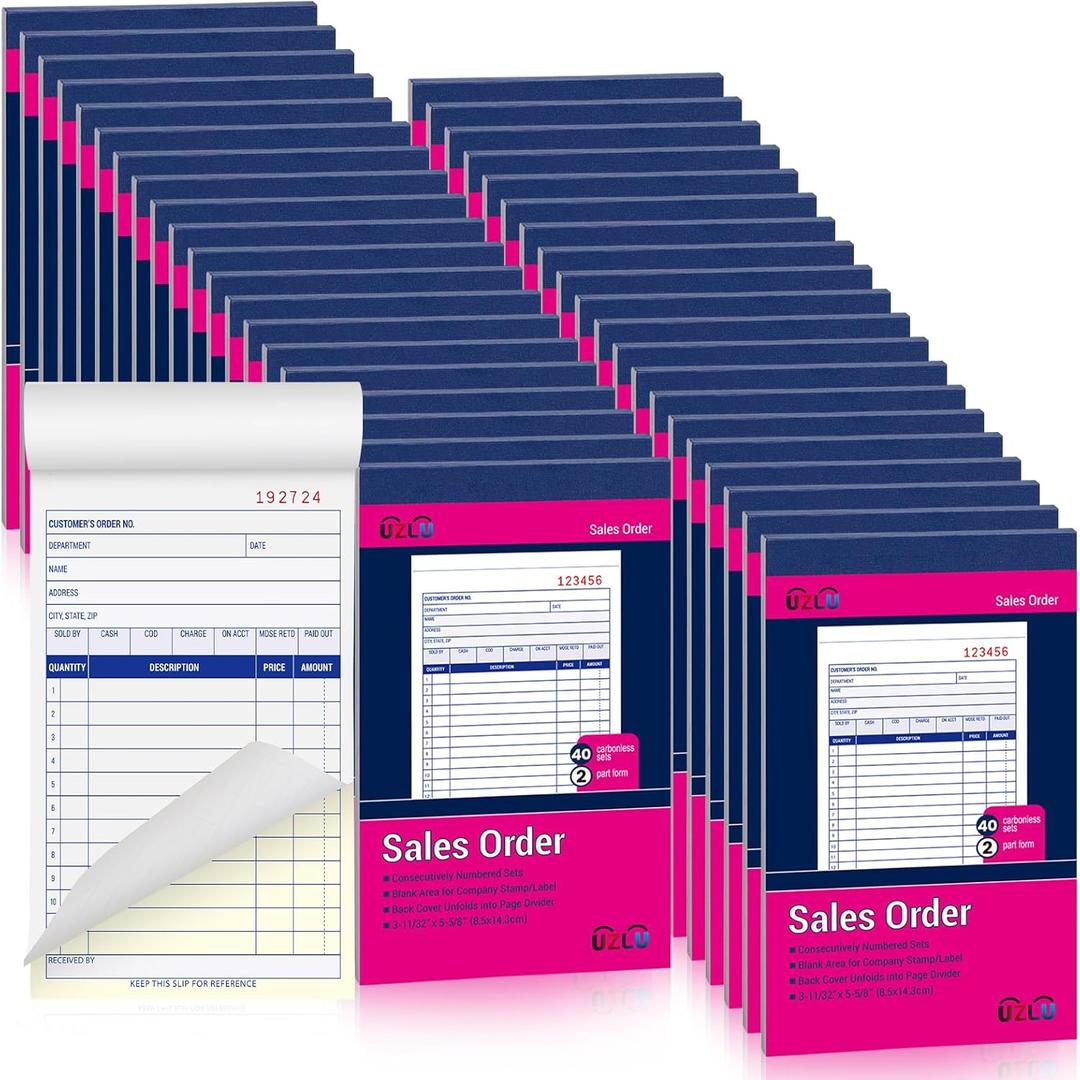 40 Pack Sales Order Book Bulk, 2-Part Carbonless Receipt Form Invoice, White/Yellow, 3-11/32x5-5/8 lnches, General Purpose Sales Book for Small Businesses and Service Providers, 40 Sets per Book