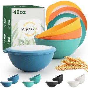 Wrova 40oz wheat straw bowls with lids set of 4,cereal bowls with covers anti-leaking,unbreakable salad container for lunch, dishwasher safe bowl sets for kitchen. Vibrant Series