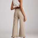 Women's Plaid Flare Pants Summer Casual Gingham Elastic Waist Ruffle Cropped Hem Y2K Loose Fit Trousers with Pockets (Brown, L)