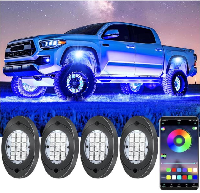 4 Pods RGB LED Rock Lights, Underglow Multicolor Neon Light Kit, Wheel Well Light with APP Control & Music Mode, Under Glow Lights for Trucks,Jeep,SUV,Golf Cart,ATV,Pickup Off Road,12V