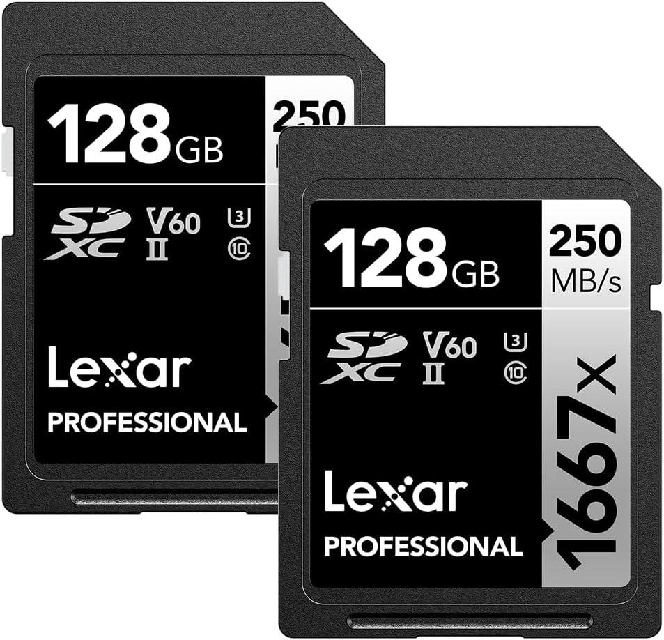 Lexar 128GB (2-Pack) Professional 1667x SD Card, UHS-II, C10, U3, V60, Full HD, 4K, Up To 250MB/s Read SDXC Memory Card, for Professional Photographer, Videographer, Enthusiast (LSD128CBNA16672)