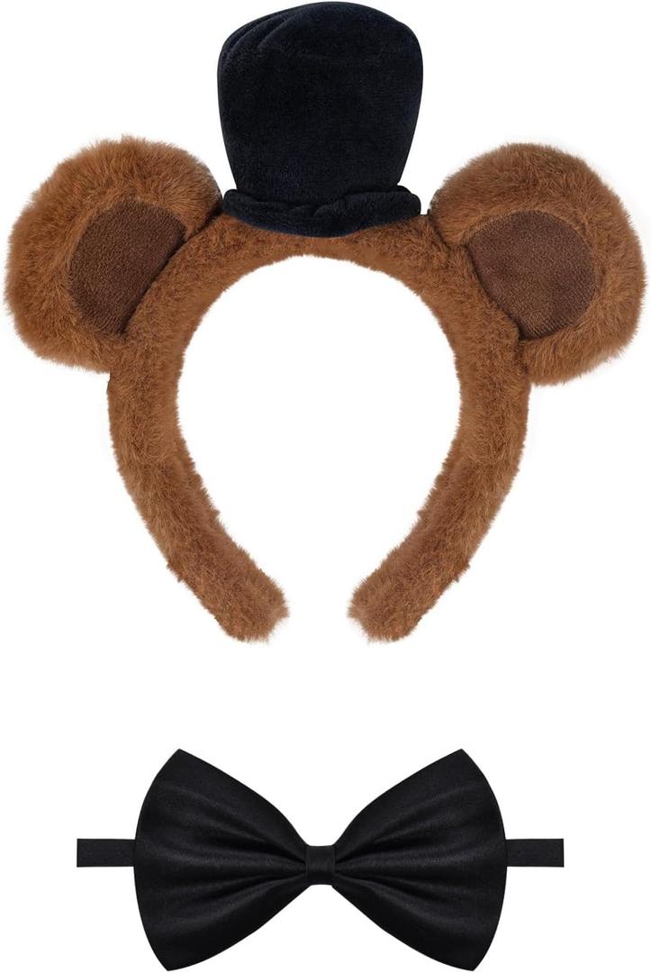 2PCS Bear Costume Accessories Animal Ear Headband Black Bow Tie Set for Halloween Character Cosplay