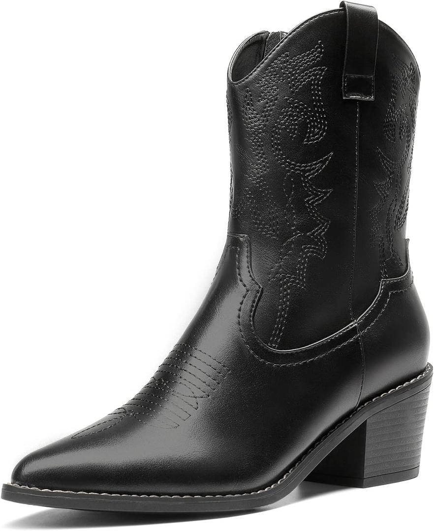 DREAM PAIRS Women's Cowboy Boots, Pointed Toe Chunky Heel, Zipper Pull-On Stitched Western Ankle Boots (9, Black)