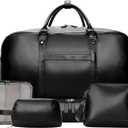 Weekender Bag for Women Men, Large Overnight Bag Faux Leather Travel Duffel Bag with Shoe Compartment Toiletry Packing Cube Carry On Bag Fit 21" Laptop 3Pcs Set (4PCS Black)