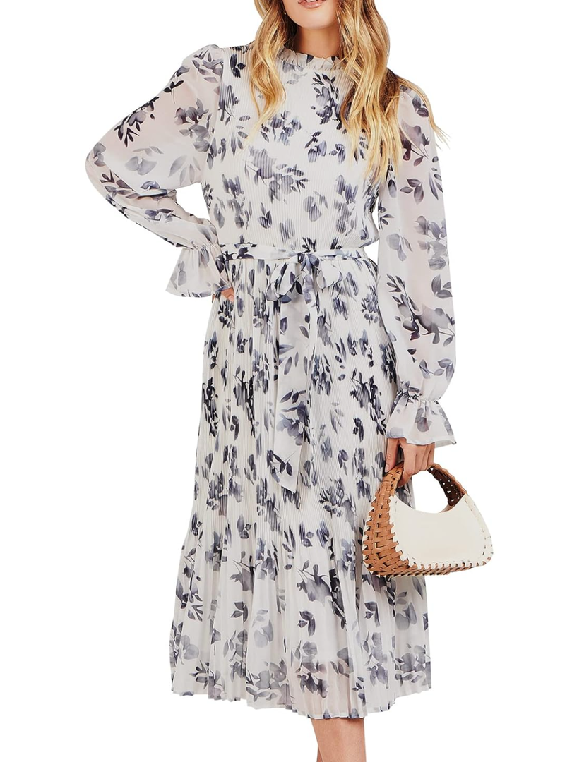 ANRABESS Women's Floral Midi Dress Puff Long Sleeve Casual Ruffle Chiffon A-Line Swing Pleated Belted Tea Party Dresses XL