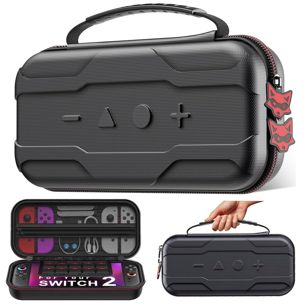 AXYBCOOL Switch 2 Case Compatible with Nintendo Switch 2(2025)/Switch/Switch OLED, Portable Hard Shell Switch 2 Travel Case for Accessories and Games with Cute Fox Shaped Zippers-Black