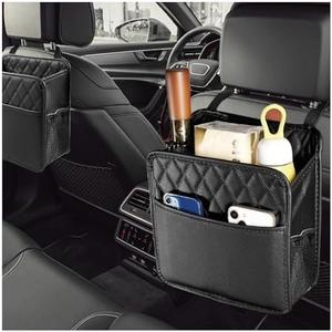 DXNQ 2 PCS Car Seat Back Organizer, Large Capacity Foldable Car Seat Back Hanging Bag with 3 Extra Pockets, Waterproof Leather Auto Seats Storage Organizer, Car Travel Essentials Accessories (Black)