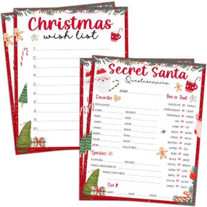 2 x 8"x10" Christmas Wish List Secret Santa Gift Exchange Card - 20PCS Double-side Christmas Questionnaire Cards - Home, Office, Classroom Xmas Holiday Party Gift Idea For Family, Friends, Coworkers - A01