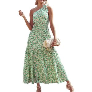 PRETTYGARDEN Women's Summer Floral Maxi Dress Knot One Shoulder Sleeveless Ruffle Flowy Boho Beach Wedding Guest Dresses(Green White, Medium)