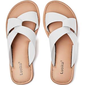 Luoika Women's Wide Width Flat Slides Sandals, Strapy Slide Sandal Slip on Dressy Summer Shoes for Women. (7.5 X-Wide, White 901)