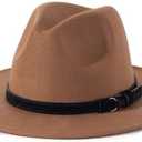 Lisianthus Men & Women Vintage Wide Brim Fedora Hat with Belt Buckle (Medium, Z Black Belt-khaki)
