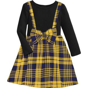 WDIRARA Toddler Girl's Plaid Bow Front Ribbed Knit Round Neck Long Sleeve A Line Dress
