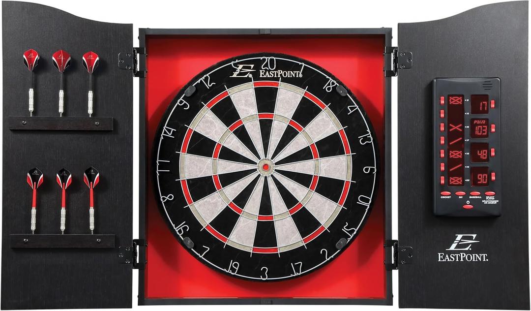 EastPoint Tournament Bristle Dartboard - 18-Inch Red/Black - Self-Healing Sisal Surface & Steel Tip Darts - LED Scoreboard & Dart Boards for Adults - Easy-Mount Cabinet & Game Room Decor