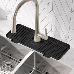 Kitchen Sink Splash Guard, 10 Large Slope & Adaptable Hole Faucet Mat for Kitchen Sink, Silicone Sink Organizer Sponge Holder for Kitchen, Bathroom, RV, Bar, 14.2 x 5.1, Black