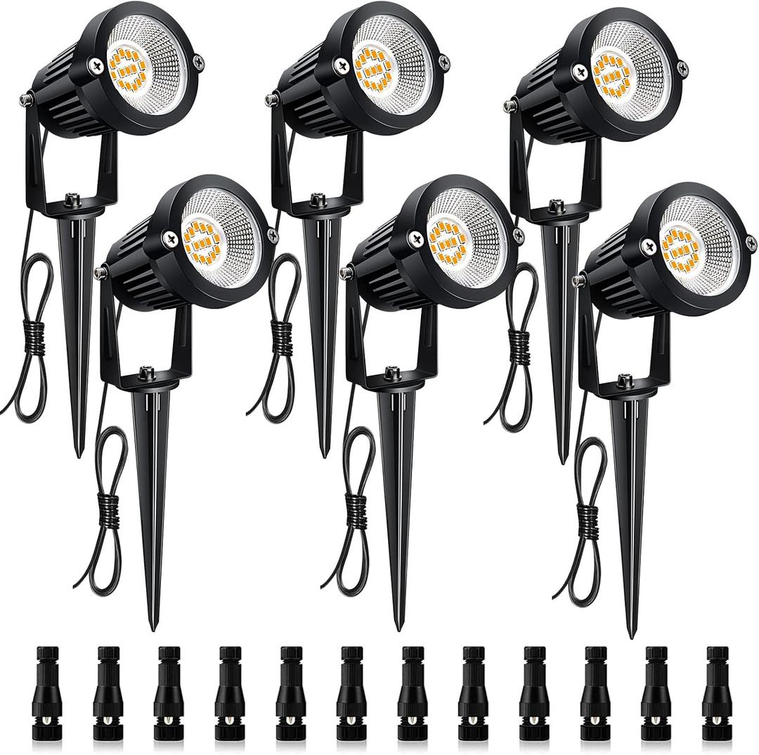 7W Low Voltage LED Landscape Lights with Connectors Outdoor 12V Super Warm White (900LM) Waterproof Garden Pathway Lights Wall Tree Flag Spotlights with Spike Stand (6 Pack with Connector)