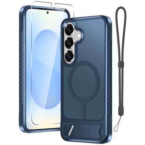 RMOCR for Samsung Galaxy S25 Plus Case with Screen Protector+Lanyard Wrist Strap,Magnetic Translucent Matte Rugged Slim Phone Cover Built in Invisible Kickstand [Fit for MagSafe],2025 Navy Blue