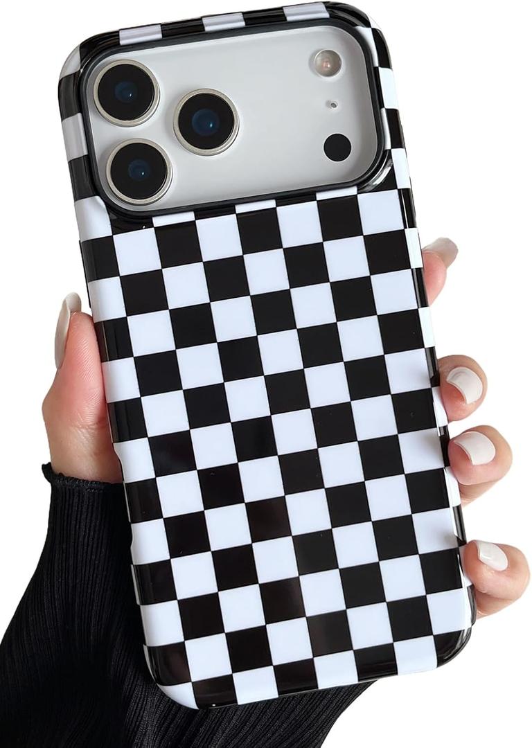 Compatible with iPhone 17 Pro Max Case Cute Aesthetic Checkerboard Checkered Phone Case for Women Girl Shockproof Slim TPU and Hard PC Protective Cover (Black)
