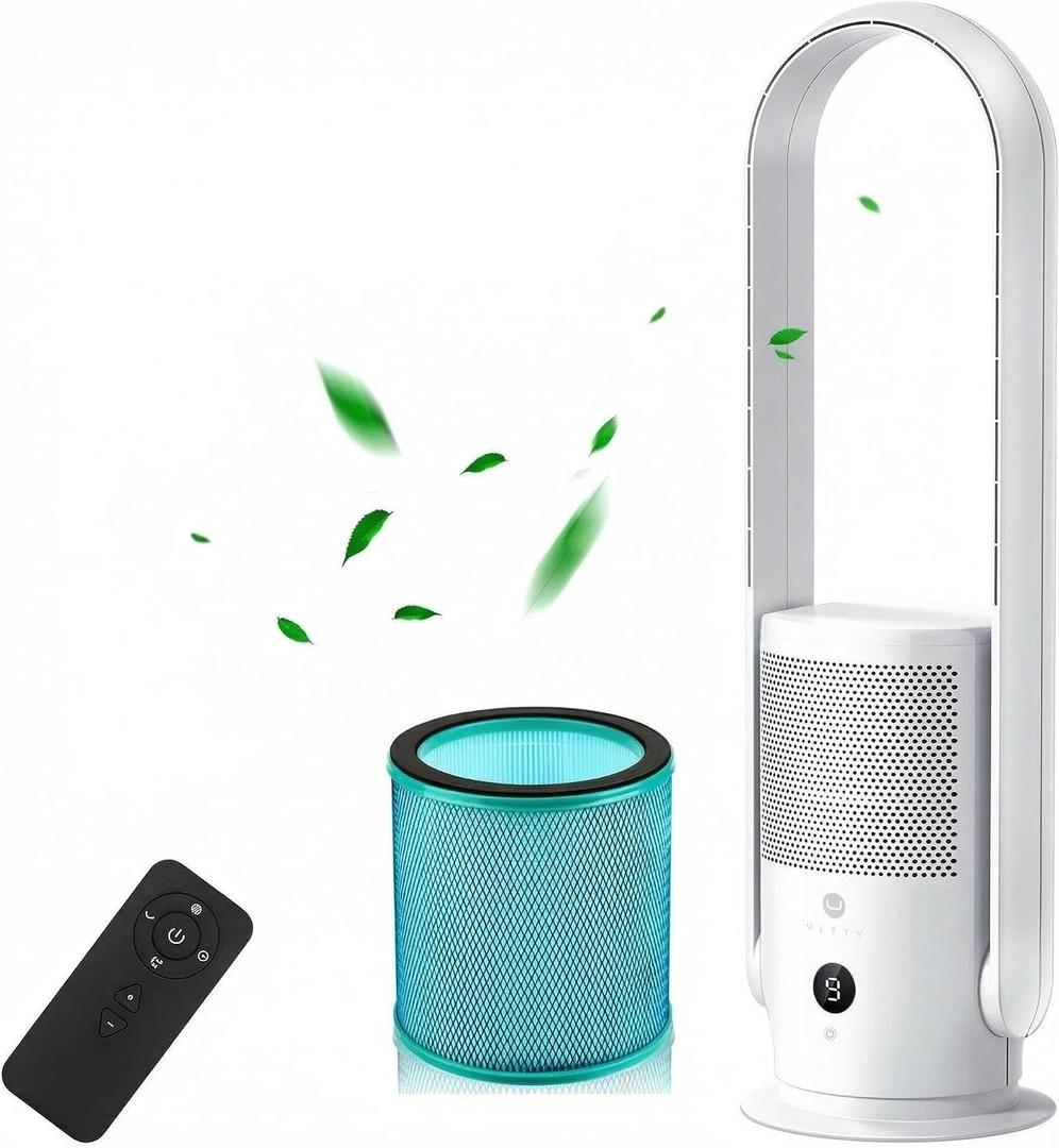 U ULTTY Bladeless Fan with Air Purifier, Quiet Tower Fan with Remote, Touch, 9 Speeds, 8H Timer, HEPA Filter 99.97%, 90 Oscillation Fans, Floor Fans Powerful for Home Office Room, CR022D White