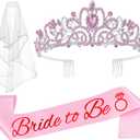JETKONG 3 Pcs Bachelorette Party Decorations Bridal Shower Crown, Bride to Be Sash&Veil for Women Bachelorette Party Gifts, Bachelorette Party Supplies, Gifts, Favors (Pink)