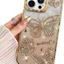 BITOBE Designed for iPhone 16 Pro Max, Cute 3D Butterfly Case Slim Plating Glitter Bling Luxury Cover for Women Girls Protective Camera Protection Bumper 6.9" Gold