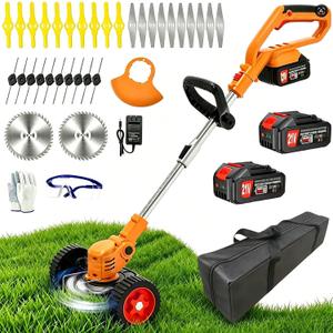 Electric Weed Wacker Cordless Eater, 21V No String Trimmer Battery Powered, 3 In 1 Lightweight Grass Trimmer/Brush Cutter/Edger with Wheels, 4 Types Blade, Stringless Weed Trimmer for Lawn Yard Garden