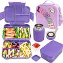 Preppy Lunch Box for Girls with 10oz Thermo, with 6 Compartment Bento Box, Purple Nylon Insulated Lunch Bag Adjustable Strap for Girl Kids Teens School Travel Picnic