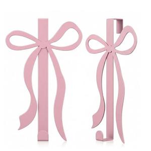 Dylrauoza Pink Over the Door Hooks, 2 Pack Metal Door Hanger Hooks for Towels Coats & Bags, Bow Over Door Hook Rack Organizer for Bathroom Girls Bedroom Closet, Coquette Room Decor, No Drill