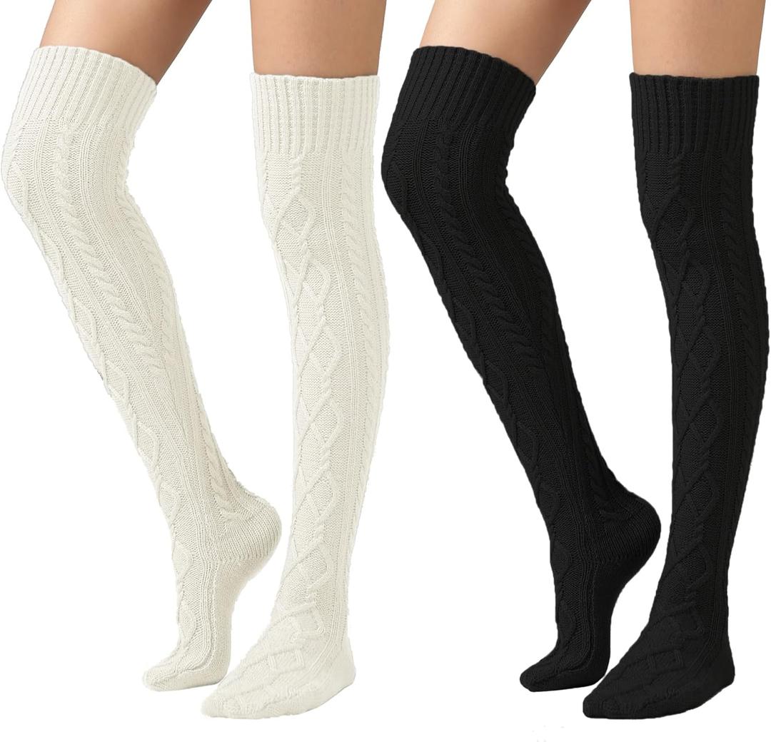 SherryDC Women's Cable Knit Thigh High Boot Socks Extra Long Winter Stockings Leg Warmers (2 Packs White+black)